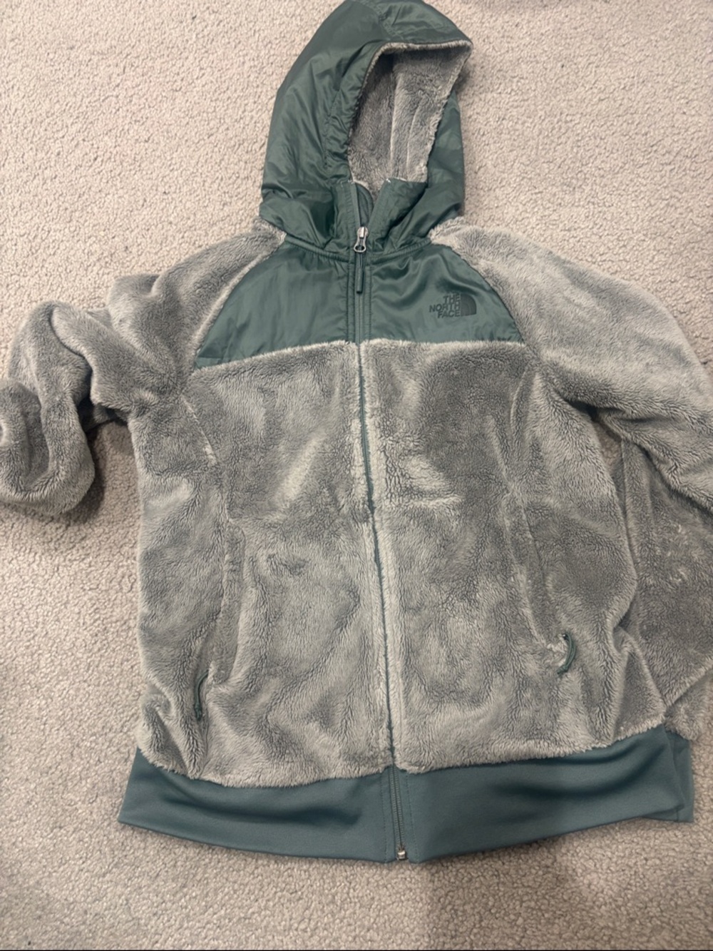 The North Face Gray and Teal Plush Hooded Fleece Jacket